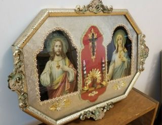 Antique Vtg Virgin Mary Jesus Framed Art Religious Bubble Art Nouveau diorama 2