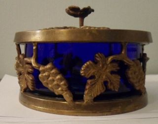 Vintage Brass Trinket Dish Box With Lid & Cobalt Blue Glass Insert