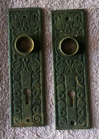 Pair Vintage Eastlake 5 1/2 " Door Knob Back Plates Antique Skeleton Key