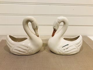 Set Of (2) Vintage Mcm Ceramic Glazed Swans Succulent Planters