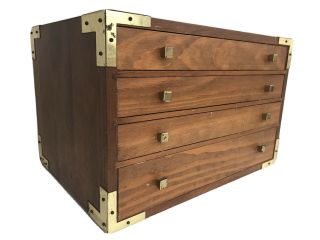 Vtg Mid Century Gold Tone Metal Wood Jewelry Chest Storage Flatware Box Drawers
