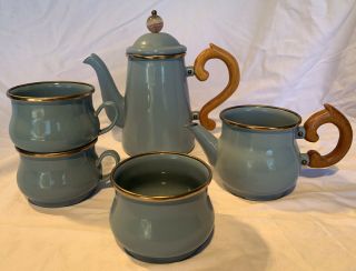 Mackenzie - Childs Victoria And Richard Blue Enamel Stackable Tea Set Vintage