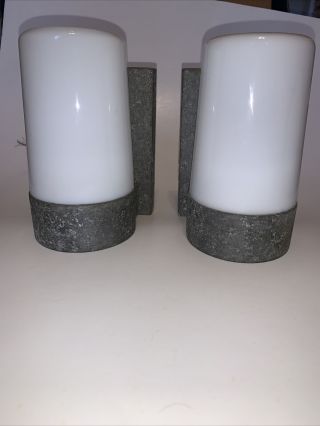 Pair 2 Vtg Aluminum Milk Glass Outdoor Porch Light Fixture Industrial Art Deco