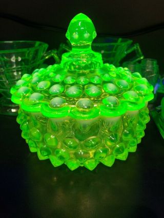 Rare Vintage Fenton Vaseline Uranium Topaz Opalescent Hobnail Candy Jar 1959