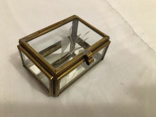 Footed Antique Vintage Glass Brass Trinket Display Box With Etched Flower (a21)