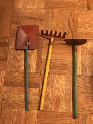 3 Vintage Metal And Wood Children’s Garden Tools Rake,  Shovel,  And Hoe