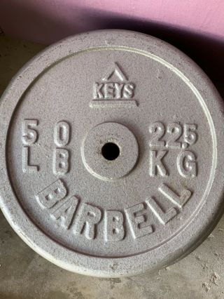 1 Vintage Keys Barbell 50 Pound Lb Weight Plates 1” Iron Exercise Fitness Lift