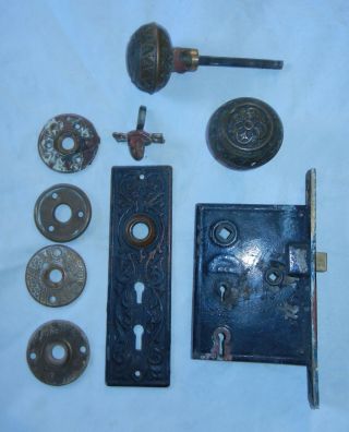 Antique Set Eastlake Victorian Aesthetic Backplates Door Knob Mortise Lock H954