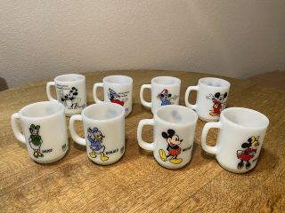Set Of 8 Vintage Anchor Hocking / Fire King Milk Glass Disney Cartoon Mugs 1986