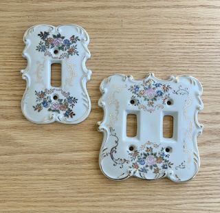 Vintage Porcelain Switch Wall Plates Painted Floral Set Of 2 1950s