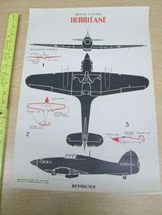 Vtg 9/42 Wwii Recognition Id Aircraft Poster British Fighter Hurricane 14 " X 20 "