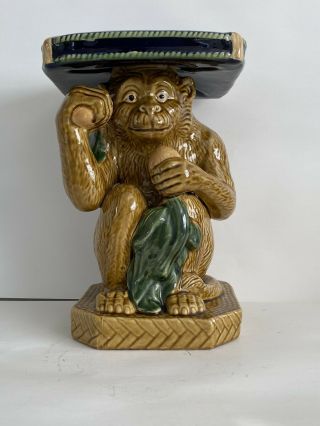 Vintage Majolica Ceramic Monkey Plant Stand 12” X 7” X 8”