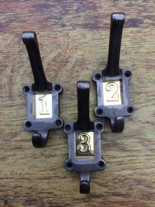 3 X Cast Iron School Coat Hooks With Brass Number Inserts Vintage Style