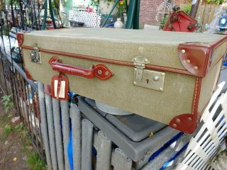 Vintage Antique Luggage Suitcase Trunk Chest Box Leather Trim & Green Canvas/lg.