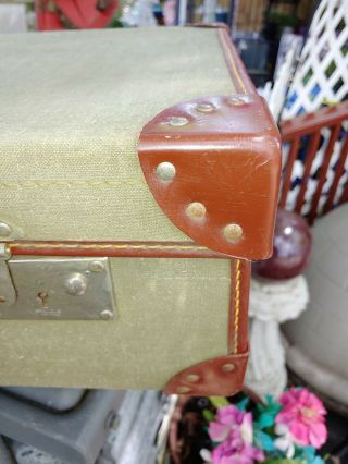 Vintage Antique Luggage Suitcase Trunk Chest Box Leather Trim & green canvas/Lg. 3