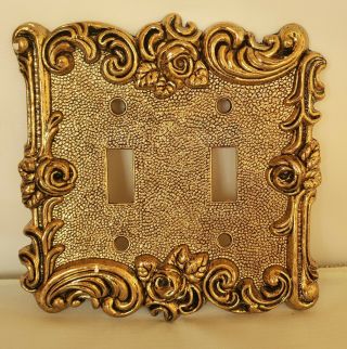 Vtg Hollywood Regency Ornate Gold Brass Rose Double Switch Plate Cover