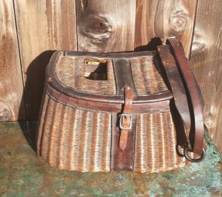 Antique Vintage Woven/wicker Fishing Creel With Leather Strap 15 "