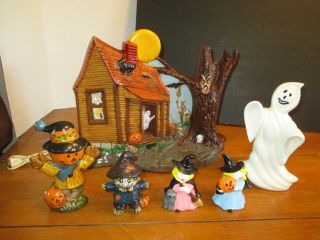 Vintage Halloween Ceramic Lighted Haunted House,  Witches,  Ghost & Scarecrows