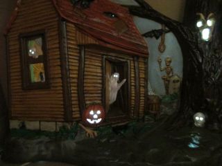 VINTAGE HALLOWEEN CERAMIC LIGHTED HAUNTED HOUSE,  WITCHES,  GHOST & SCARECROWS 2