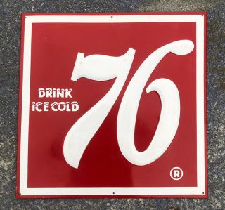 Vtg 1950s 76 Soda Pop Embossed Tin Advertising Sign 17.  5” Drink Ice Cold 76