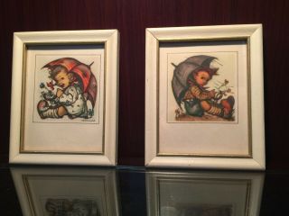Vintage Hummel Wooden Framed Art Prints Boy And Girl Under Umbrella Set Of 2