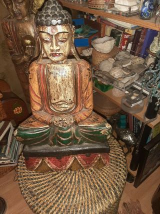 Vintage Wood,  Hand Carved And Painted Buddha Sitting Statue Figure.