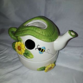 Stackable White And Green Floral/bee Tea Pot With Cup