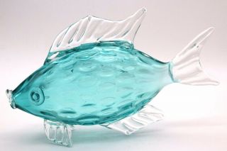 LARGE VINTAGE HANDMADE AQUA BLUE GREEN BLOWN ART GLASS FISH FIGURINE MODERN 3