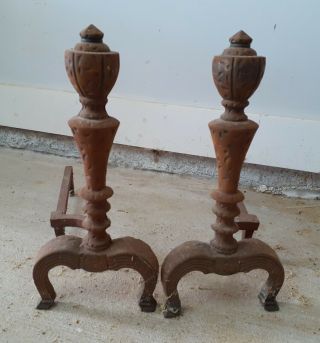 Antique 1919 Cast Iron Victorian Arts Crafts Fireplace Andirons Hammered