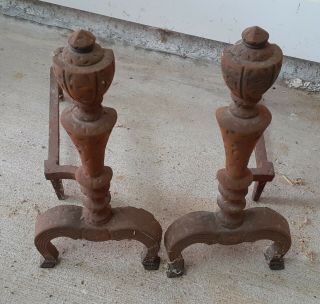 Antique 1919 Cast Iron Victorian Arts Crafts Fireplace Andirons Hammered 2