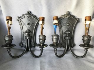 Pair Antique Cast Iron Double Light Wall Sconces Fleur - De - Lis