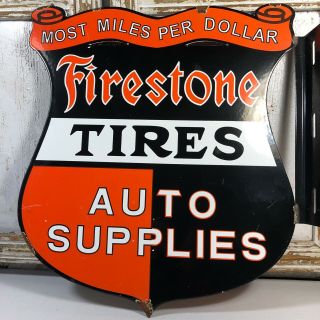 Vintage Porcelain 2 Sided Flange Firestone Tires Auto Supplies Gas Oil Sign