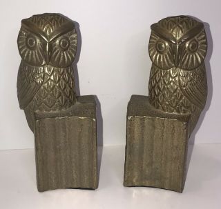 Vintage Brass Set Owl Bookends Perch On Books 6” Heavy Mid Century Mcm Owls