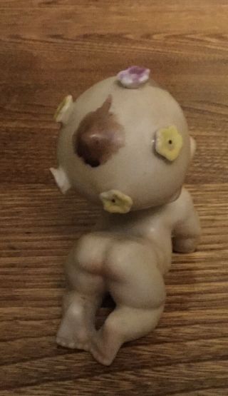 Vintage Lefton Bisque Pottery Kewpie Doll Figurine Crawling Baby with Flowers 2