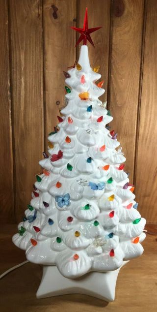 Large Vtg Ceramic Christmas Tree White W/multi Color Lights Doves Butterfly 22”