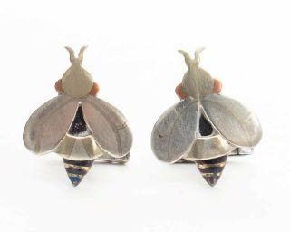 Vintage Taxco Mexican Sterling Silver Mixed Metal Stylized Bee Insect Cufflinks