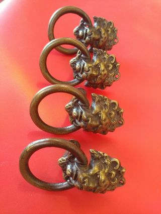 Set Of 4 Vintage Solid Brass Lions Head Drawer/cabinet Pulls