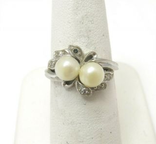 Vintage 14k White Gold 5.  5mm Pearl (2) & Diamond Accent Leaf Bypass Ring Siz 5.  5