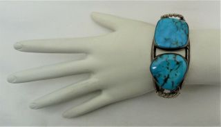 Wide Vintage Navajo Sterling Silver Huge Two Stone Blue Turquoise Cuff Bracelet
