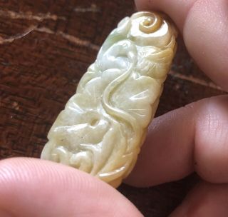 Vintage Antique Chinese Hand Carved Jade Bird,  Flower And Leaf Pendant