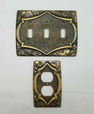 Vintage Amerock Monterey Brass Triple Switch Double Outlet Wall Plate Cover Set