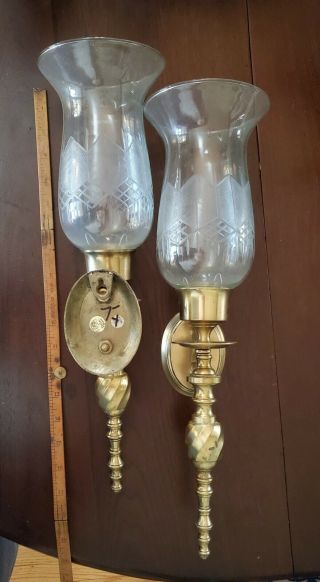 Vintage Pair Solid Brass Wall Sconces Candle Holders 17 " Etched Glass Shades Vtg