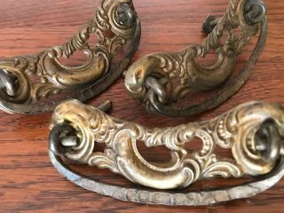 3 Vintage Ornate Pressed Brass Drop Bail Drawer Pulls Handles Salvage Repurpose
