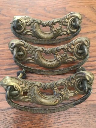 3 Vintage Ornate Pressed Brass Drop Bail Drawer Pulls Handles Salvage Repurpose 2