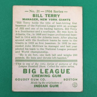 1934 Goudey Card 21 Bill Terry York Giants HOF Vintage VTG,  / - VGEX 2