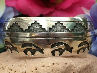 Vintage Native American Navajo Sterling Silver Stamped Bear Cuff Bracelet Wow
