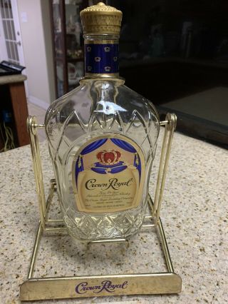 Vintage Empty Bottle Crown Royal 1.  75 Litres With Gold Swinging Stand