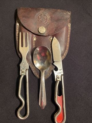 Vintage Boy Scouts Of America Utensils Set Geo Schrade Knife Fork Spoon Leather