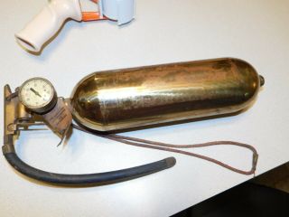 Small Antique Brass Fire Extinguisher " Stop Fire " W/ Strap & Turn Valve Empty
