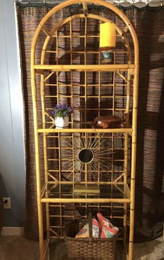 Vintage Mid Century Bamboo Rattan Four Glass Shelf Bookcase French Country